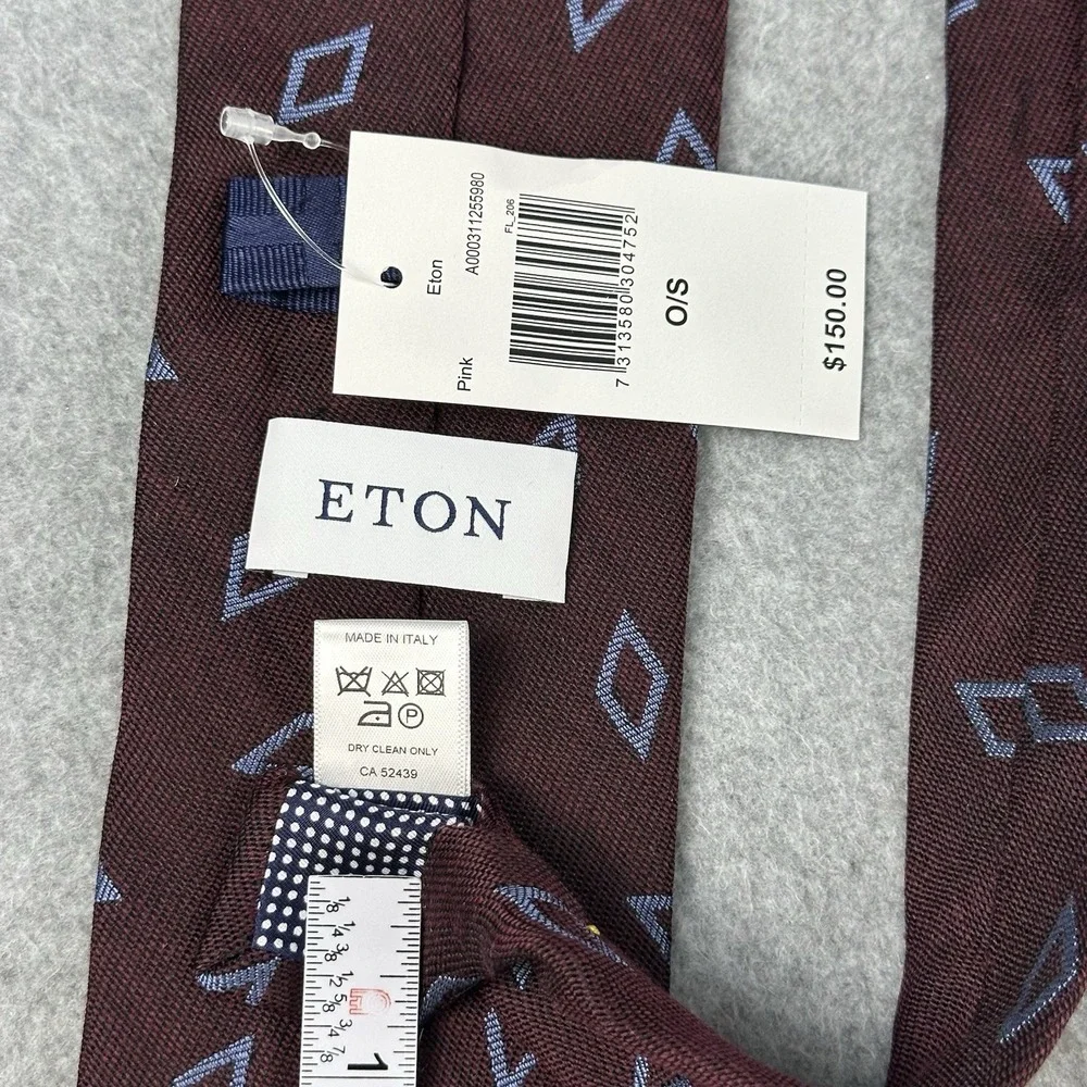 Eton Italy Silk Wool Tie Burgundy Blue Diamond Geometric Luxury NWT 57x3.1